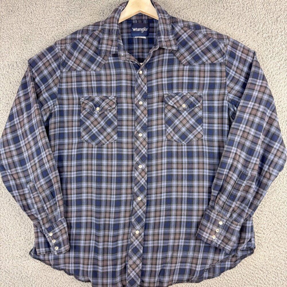 Wrangler Flannel Shirt Mens XL Blue‎ Plaid Outdoor Western Cowboy Workwear Ranch